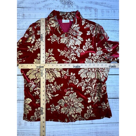 Erin London Velvet Brocade Jacket Womens XL Red Gold Floral Button Up - Picture 2 of 7